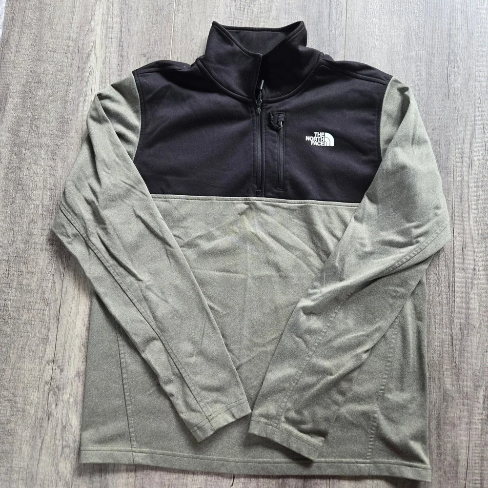 The North Face Mens Medium Quarter Zip Fleece Pullover Black Olive Green Pocket